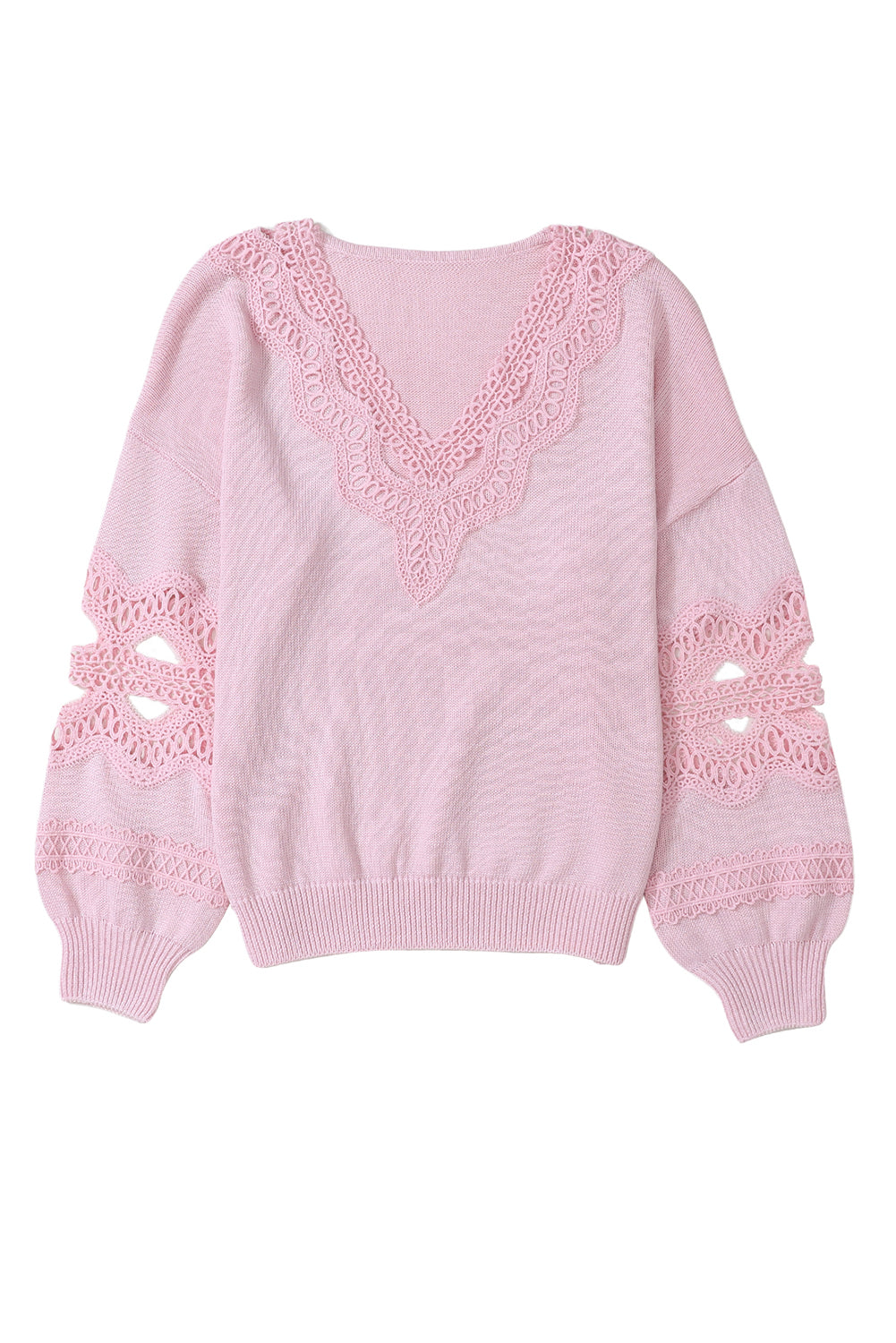 Hollowed Lace Splicing V Neck Loose Sweater | Pink