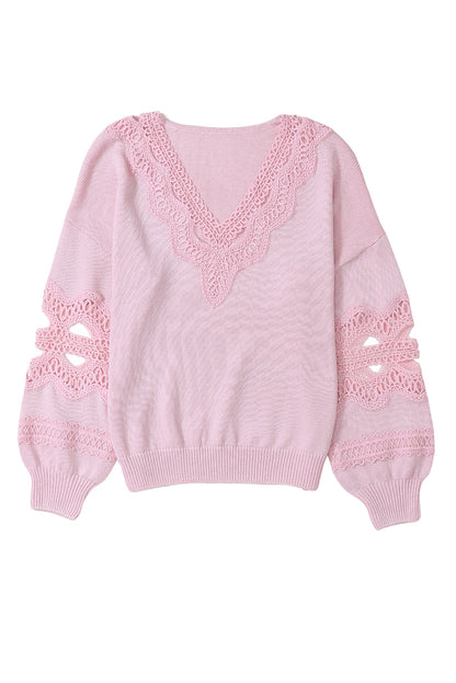 Hollowed Lace Splicing V Neck Loose Sweater | Pink