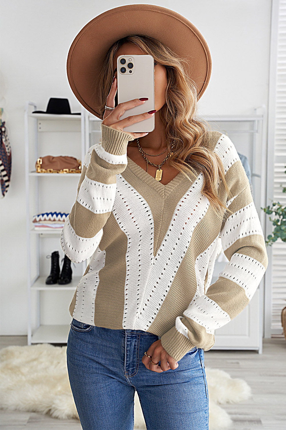 Striped Colourblock V Neck Knitted Sweater | Khaki