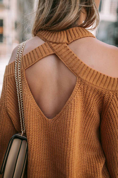 Crew Neck Cold Shoulder Hollow-Out Back Sweater | Brown