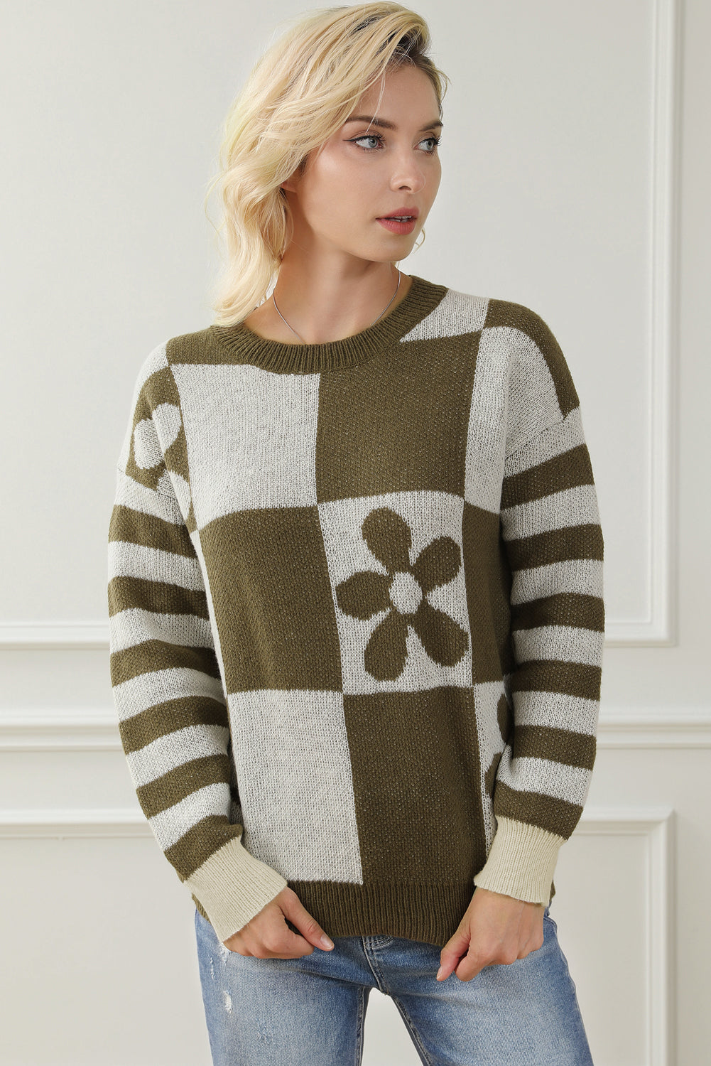 Green Checkered Floral Print Striped Sleeve Sweater | Mist Green