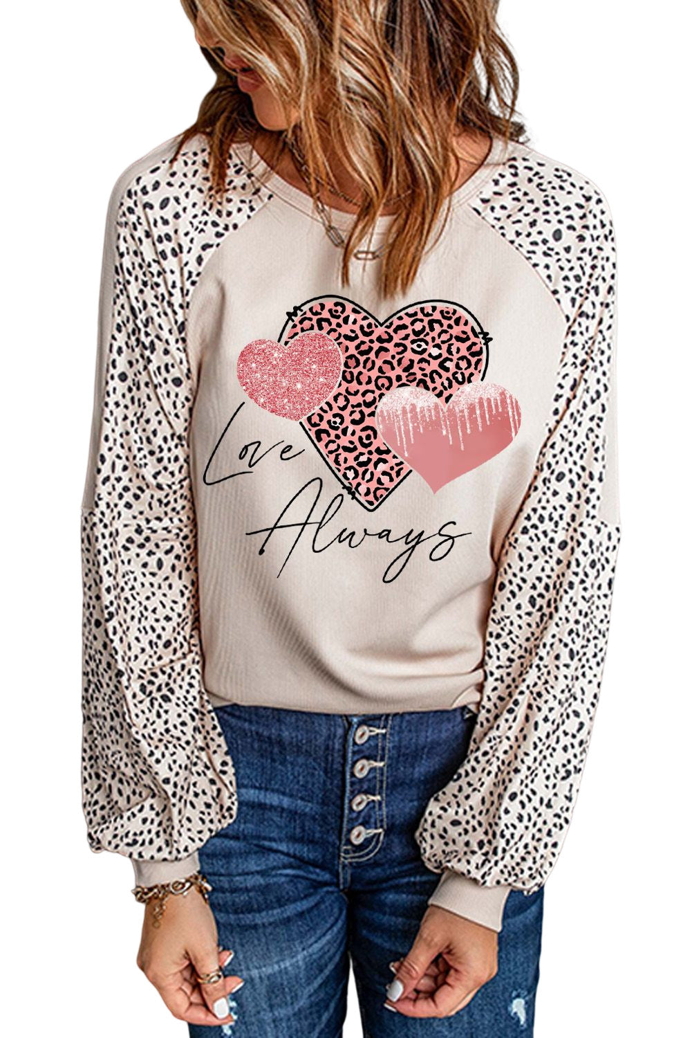 Love Always Heart Leopard Colour Block Top | Khaki