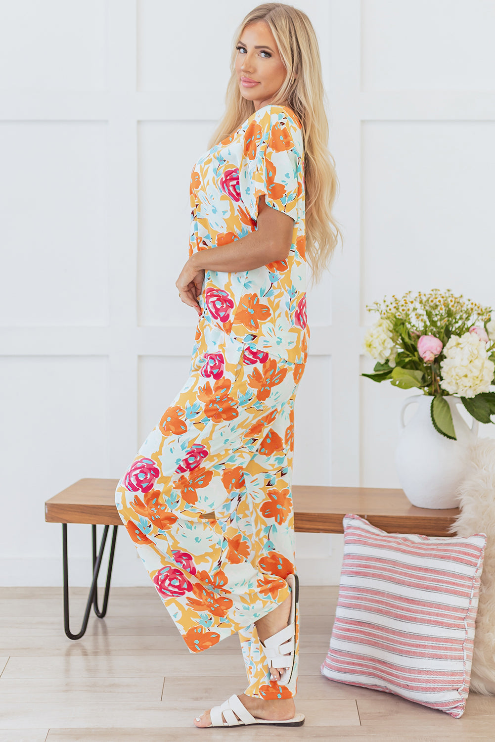 Vibrant Floral Printed Short Sleeve Top 2 Piece Pants Set | Orange