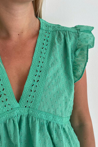 Eyelet V Neckline Ruffle Swiss Dot Top | Green