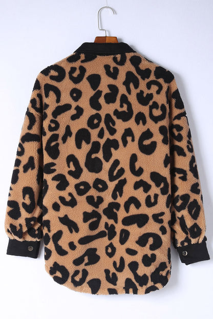 Contrast Trimmed Leopard Teddy Shacket | Black