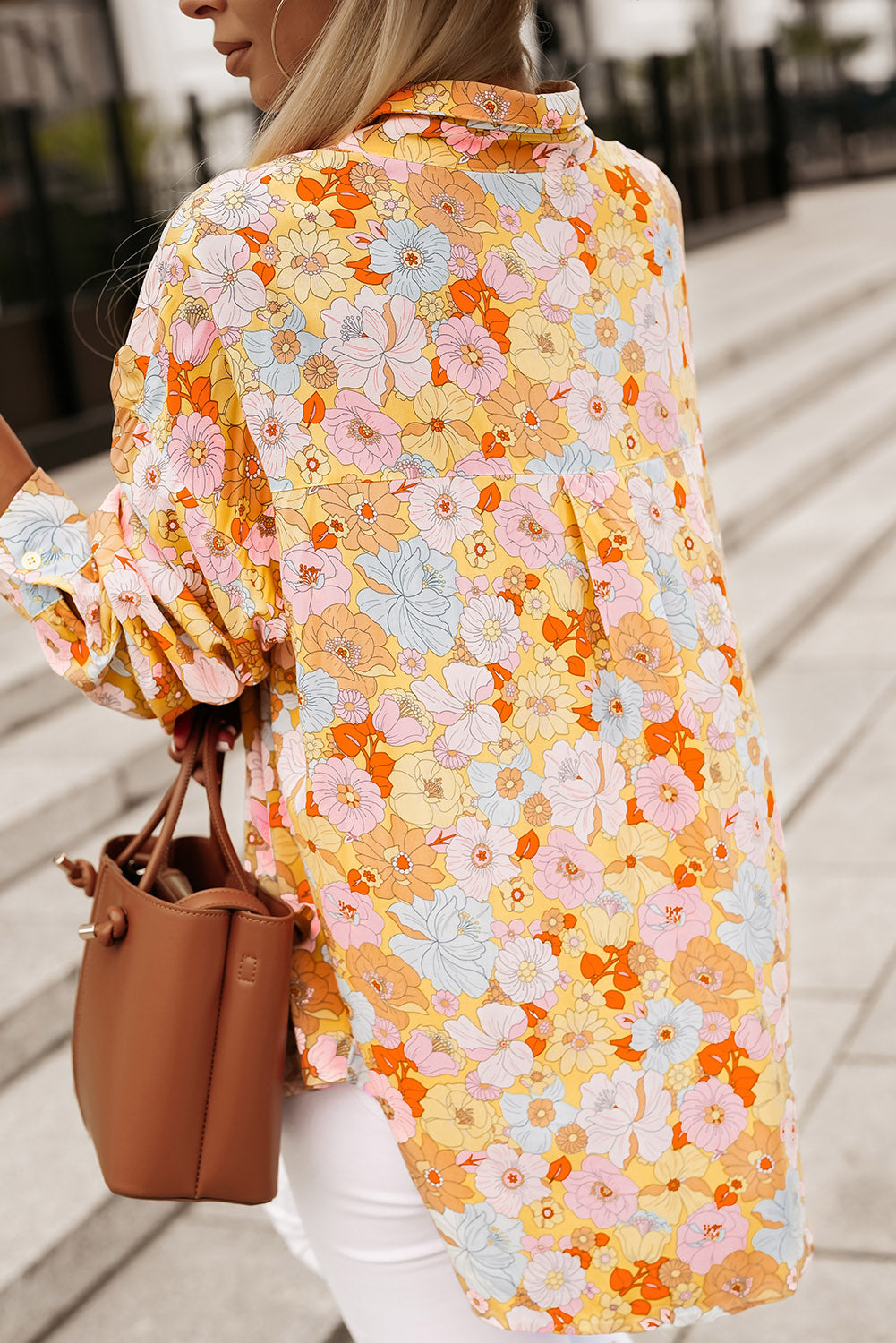 Floral Print Turn Down Collar Loose Shirt | Yellow