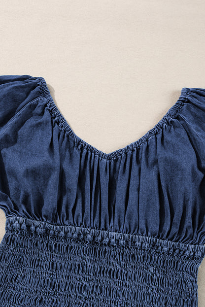 Smocked Ruffled Puff Sleeve V Neck Denim Blouse | Dark Blue