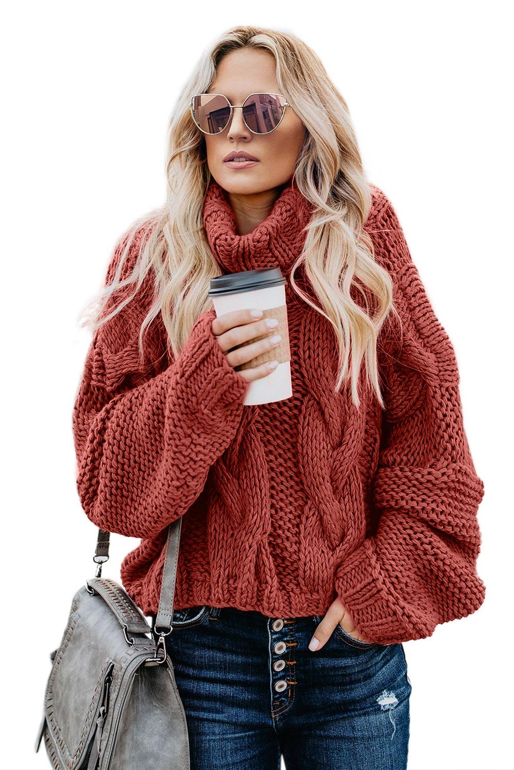 Fiery  Cuddle Weather Cable Knit Handmade Turtleneck Sweater | Red