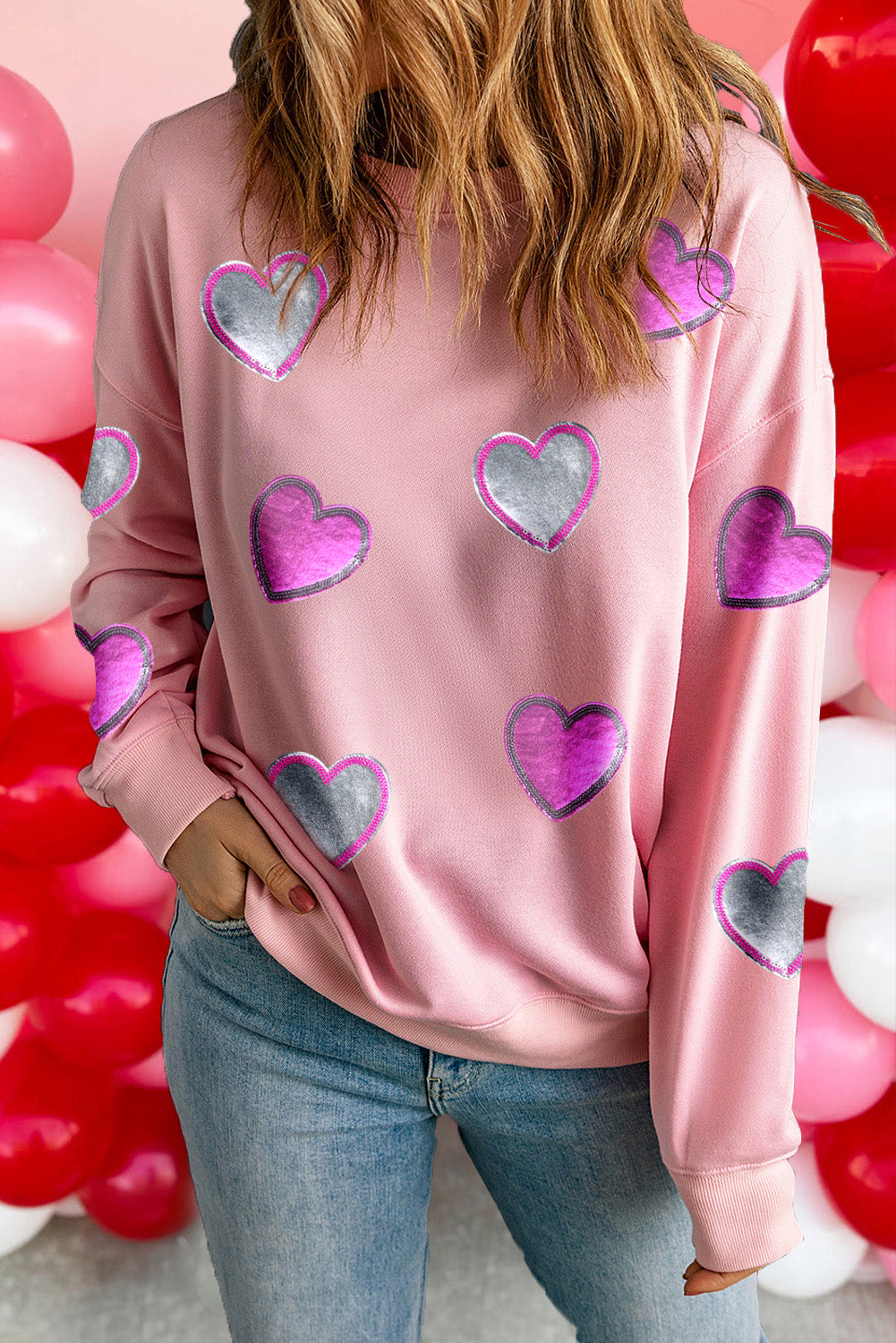 Valentines Heart Patched Drop Shoulder Sweatshirt | Pink