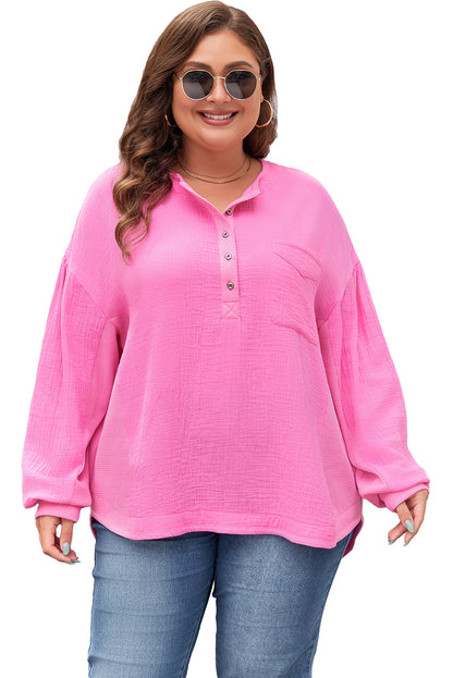 Half Buttons Chest Pocket Drop Sleeve Plus Size Top | Bonbon