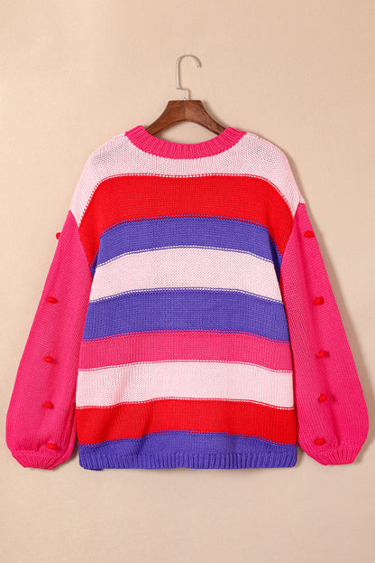 Plus Size Striped Knit Pompom Puff Sleeve Sweater | Pink