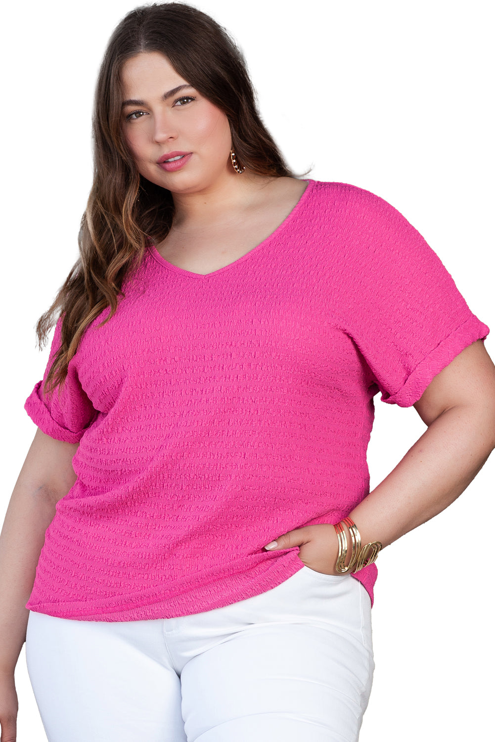 Plus Size Textured Folded Sleeve V Neck T Shirt | Bright Pink