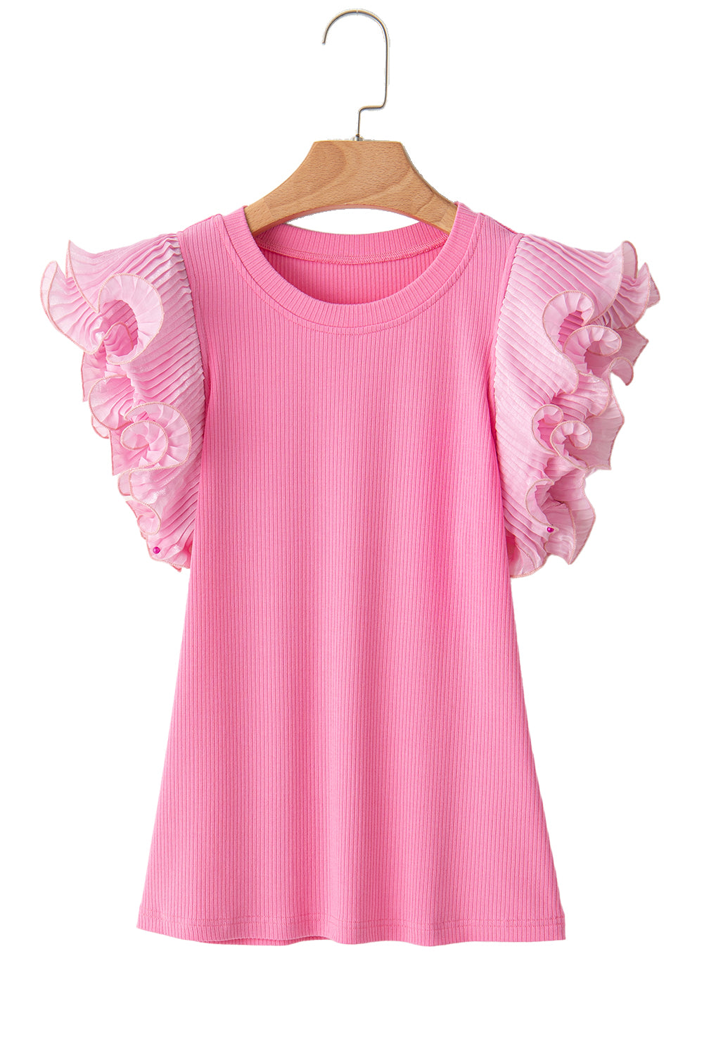 Ruffled Pleated Mesh Sleeve Ribbed Knit Slim Fit T Shirt | Strawberry Pink