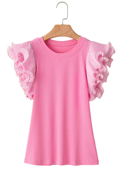 Ruffled Pleated Mesh Sleeve Ribbed Knit Slim Fit T Shirt | Strawberry Pink