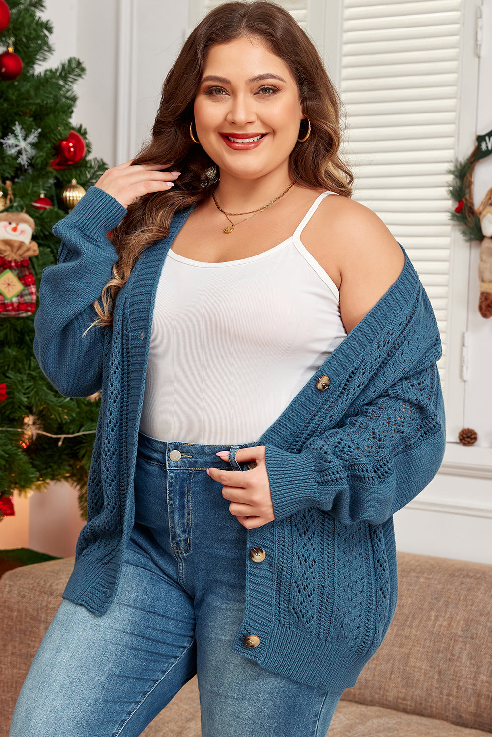 Open Knit V Neck Button Front Drop Shoulder Plus Size Cardigan | Real Teal