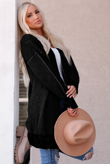 Plaid Knitted Long Open Front Cardigan | Black