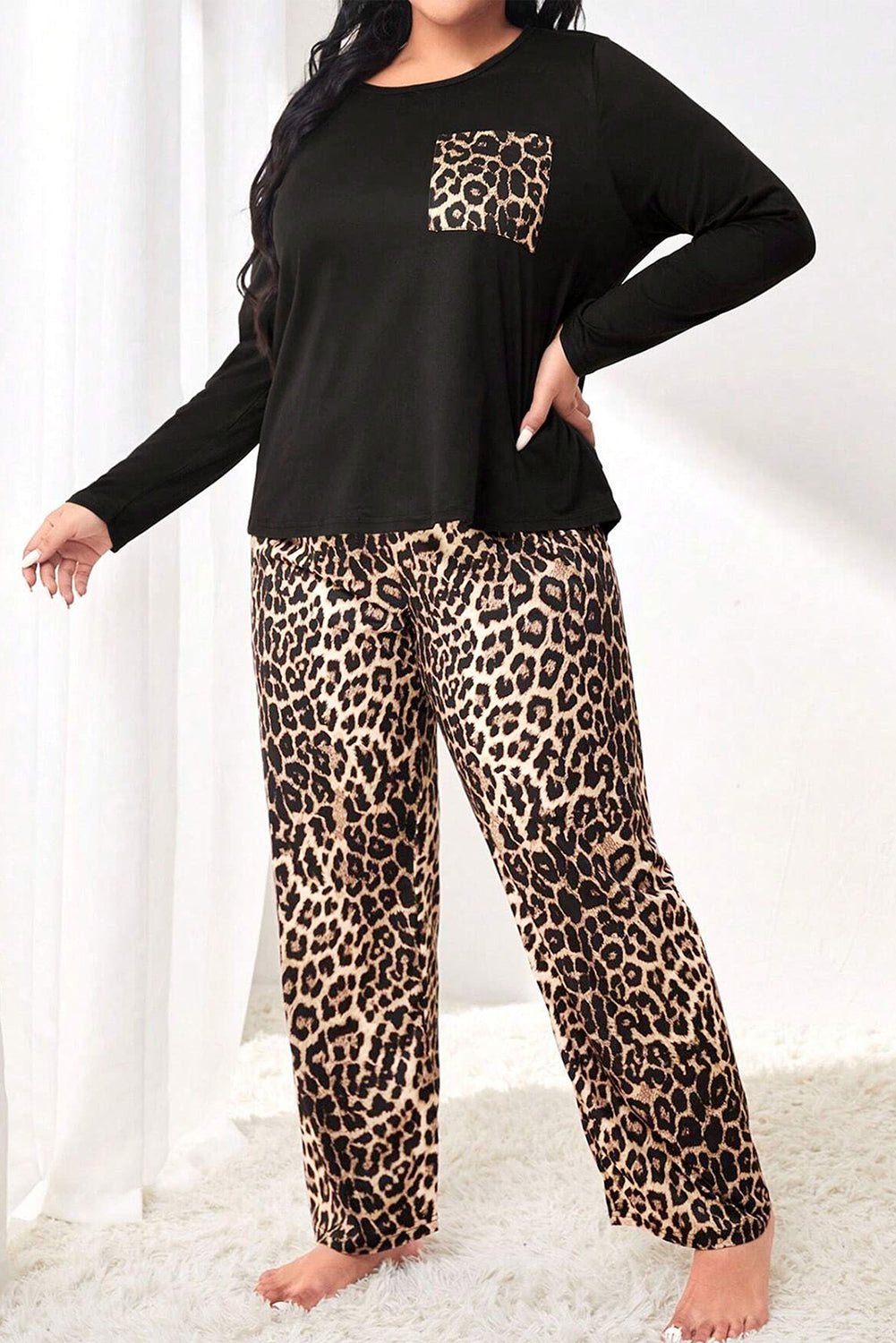 Leopard Patched Pocket Long Sleeve Top Plus Size Pants Set | Black