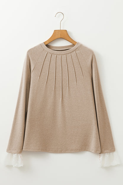 Seam Detail Lace Contrast Cuffs Raglan Sleeve Top | Parchment