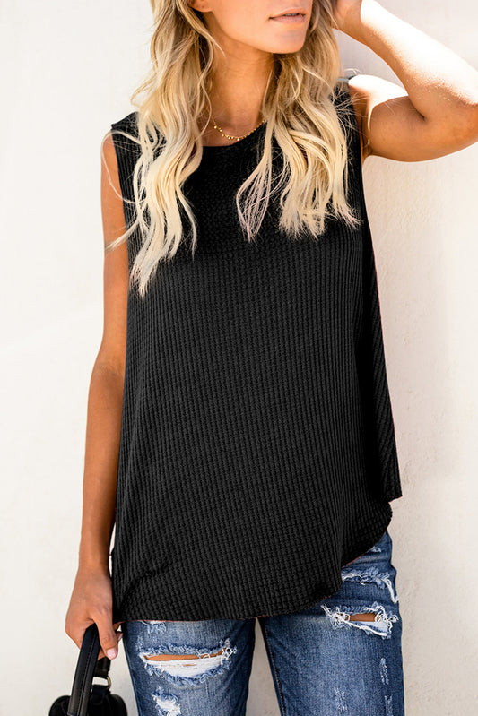 Black Crew Neck Waffle Tank Top