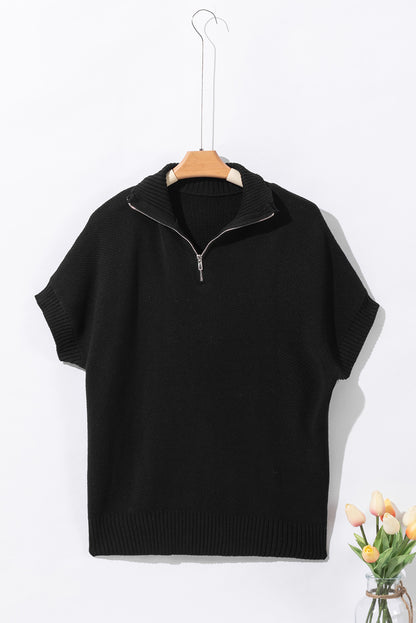 Quarter Zip Short Batwing Sleeve Sweater | Black