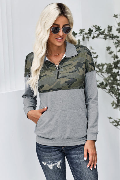 Camo Splice Gray Kangaroo Pocket Zip Collar Sweatshirt | Green