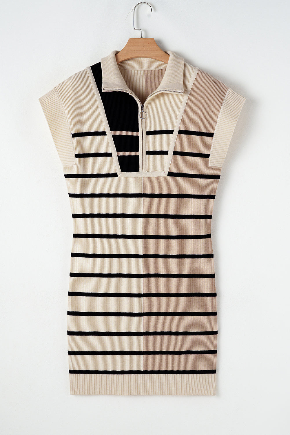 Colour Block Quarter Zip Collar Short Sleeve Sweater Dress | Khaki Stripe