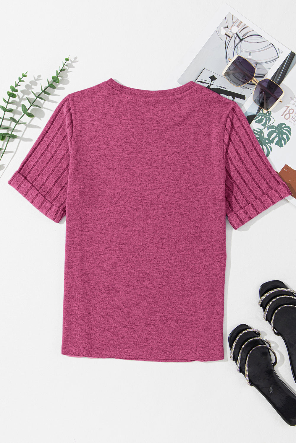 Ribbed Splicing Sleeve Round Neck T-Shirt | Bright Pink