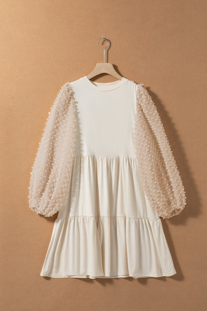 Embellished Puff Sleeve Tiered A-Line Dress | Beige