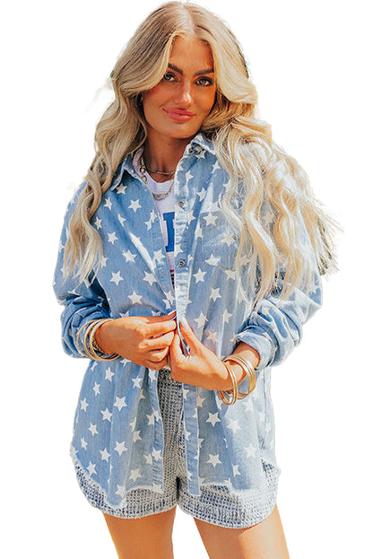 Star Print Light Wash Raw Hem Denim Jacket | Sky Blue