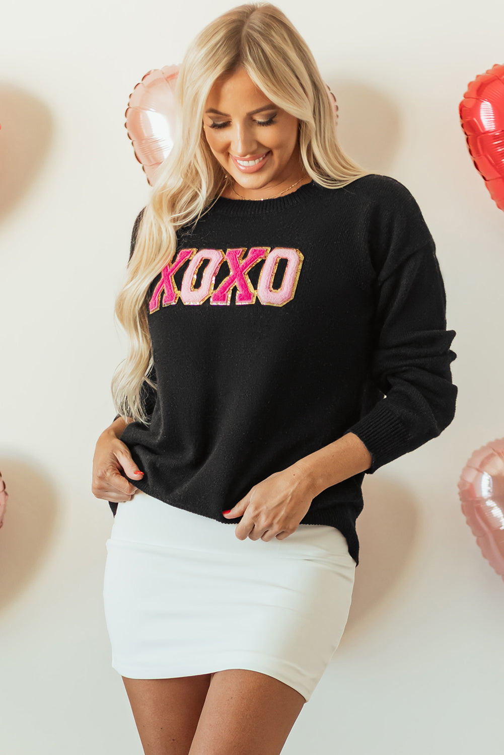 Black Xoxo Glitter Print Round Neck Casual Sweater | Colour black