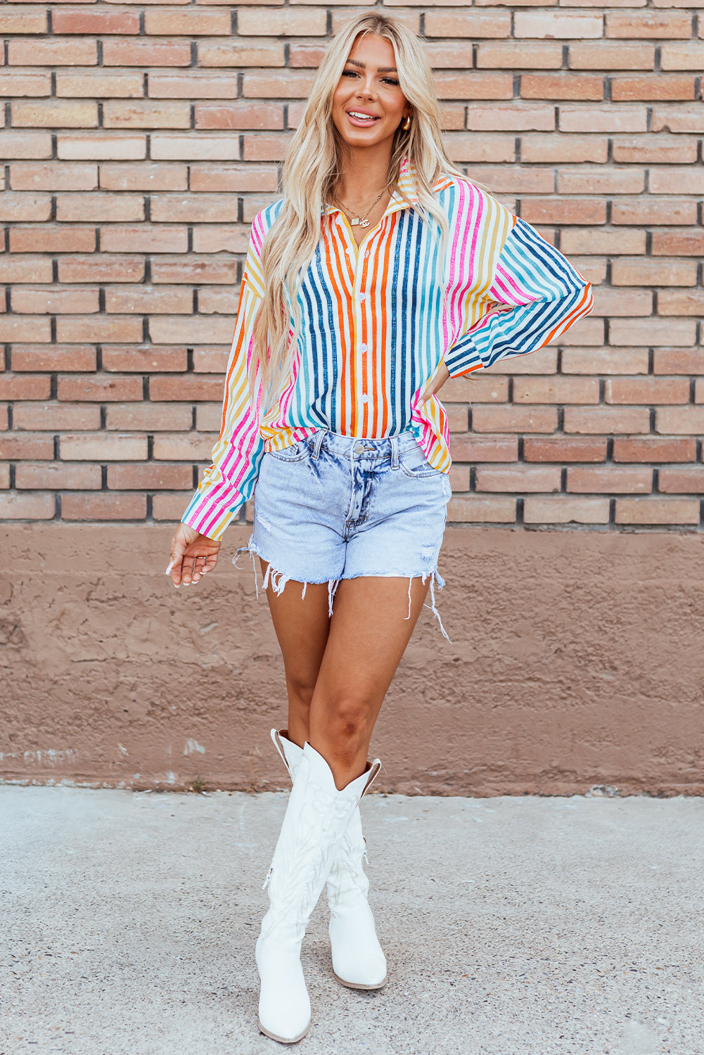 Multicolour Drop Shoulder Loose Shirt | Orange Stripe