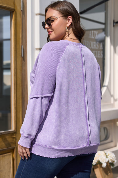 Textured Patchwork Frilled Trim Plus Size Pullover Sweatshirt | Orchid Petal