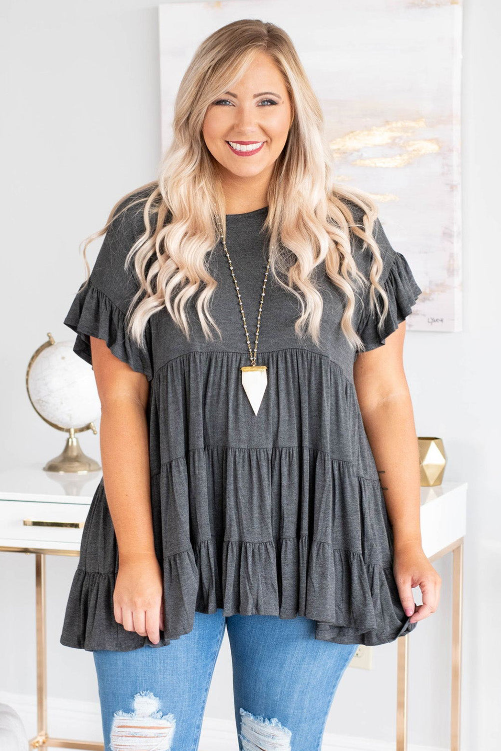 Tiered Ruffled Short Sleeve Plus Size Blouse | Gray