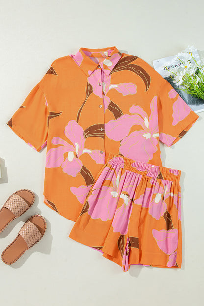 Floral Print Tunic Shirt And Shorts Set | Russet Orange