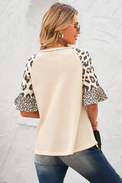 Mixed Leopard Ruffle Sleeve Waffle Knit Top | Khaki