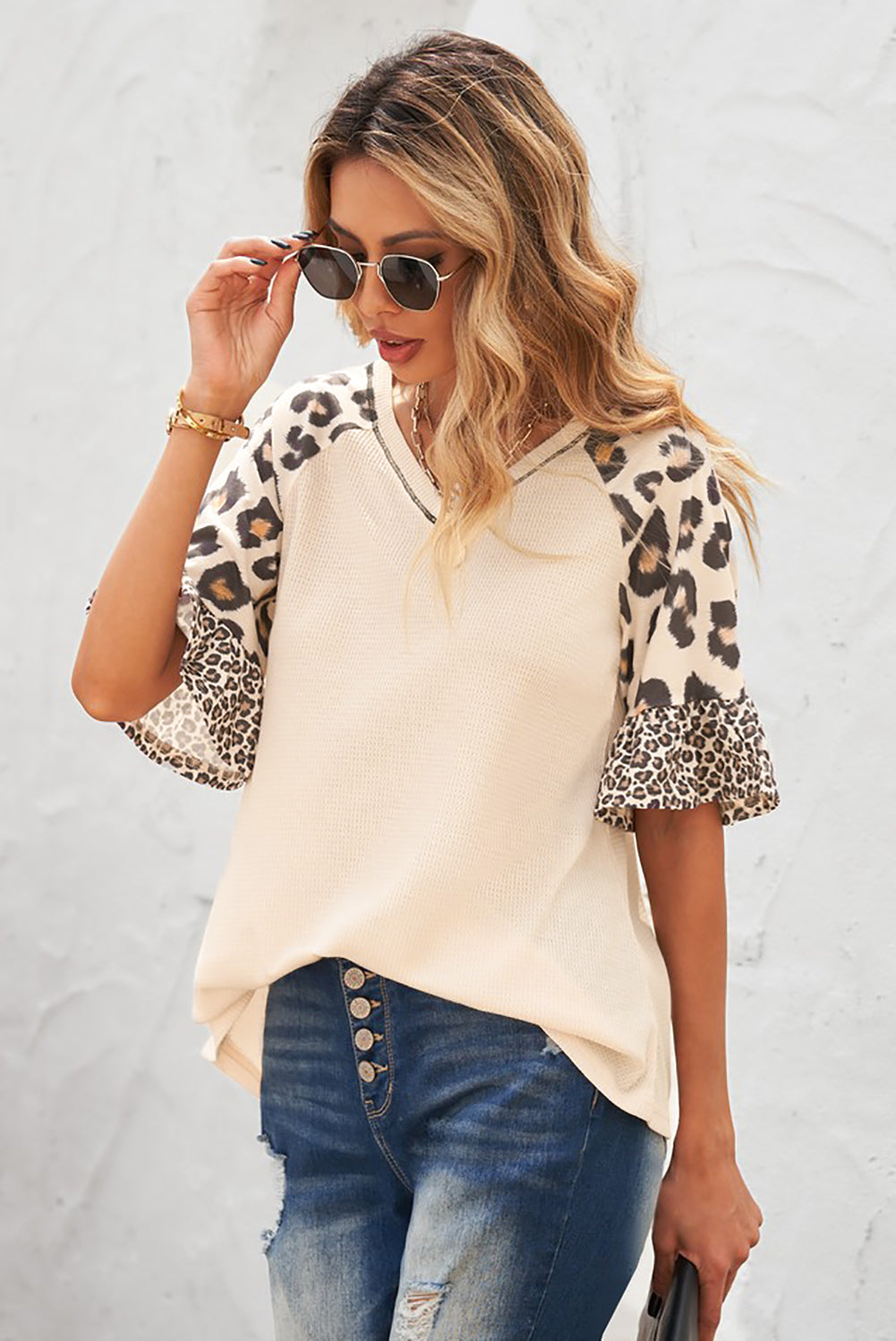 Mixed Leopard Ruffle Sleeve Waffle Knit Top | Khaki