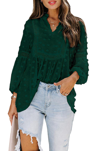 Ruffled Split Neck Lace Hollow Out Puff Sleeve Polka Dot Blouse | Green