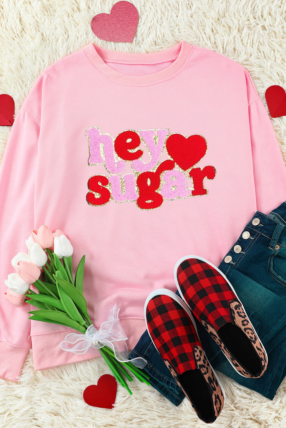 Chenille Heart Hey Sugar Patched Pattern Valentines Pullover Sweatshirt | Pink