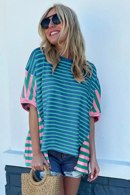 Colourblock Patchwork Baggy T Shirt | Blue Stripe