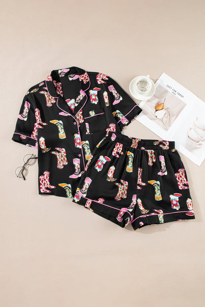 Western Boots Printed Short Pajama Set | Black