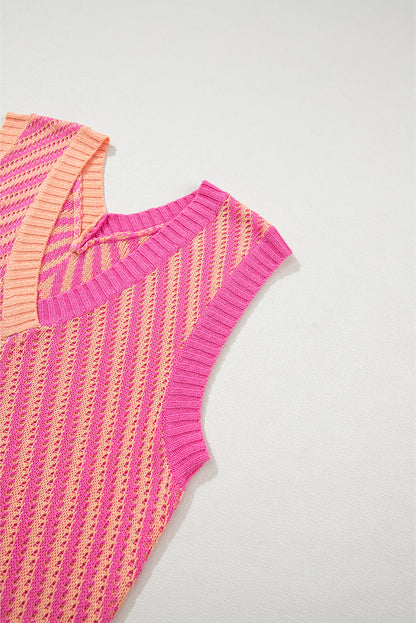 Contrast Chevron Knit V Neck Sweater Vest | Strawberry Pink