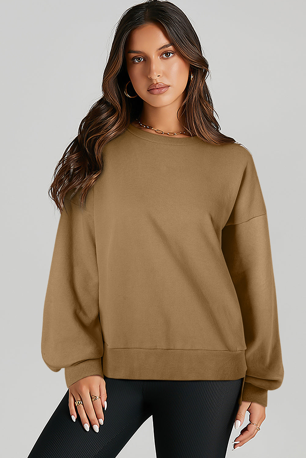 Solid O Neck High Low Hem Pullover Sweatshirt | Brown