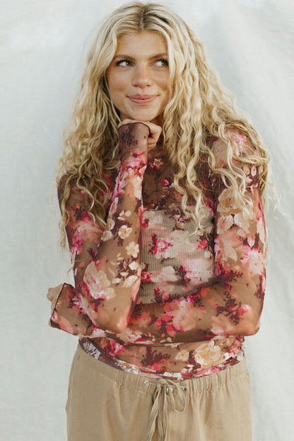 Floral Print Sheer Mesh Long Sleeve Top | Red