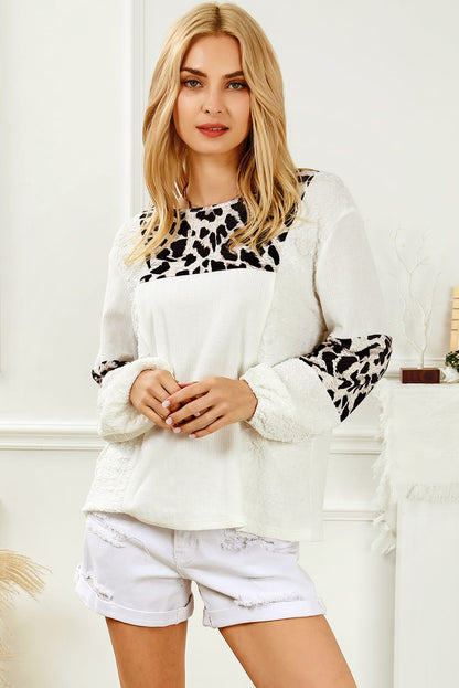 Leopard Patch Puff Sleeve Textured Blouse | White