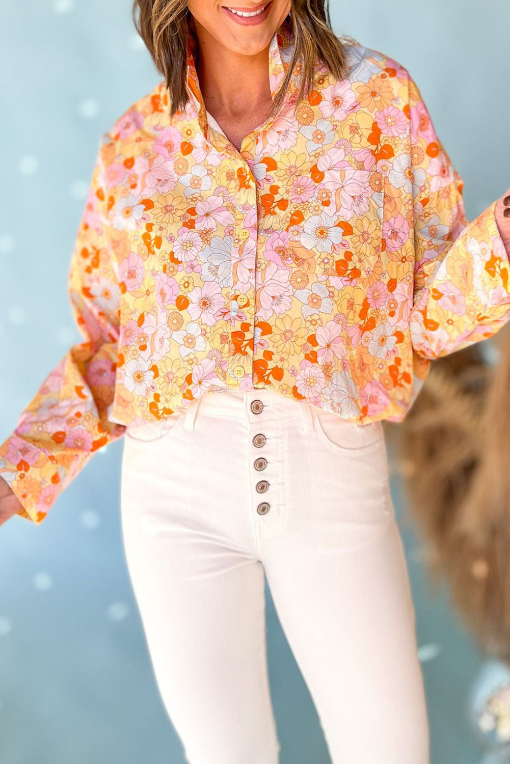 Floral Print Turn Down Collar Loose Shirt | Yellow