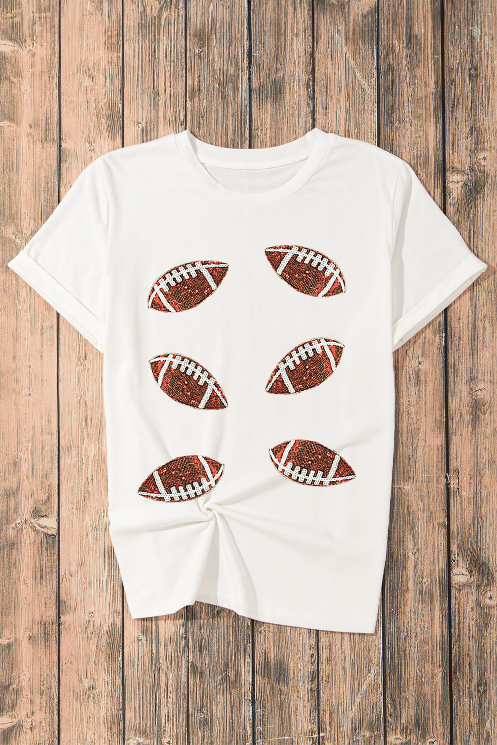 Sequined Rugby Football Graphic Cotton T Shirt | White