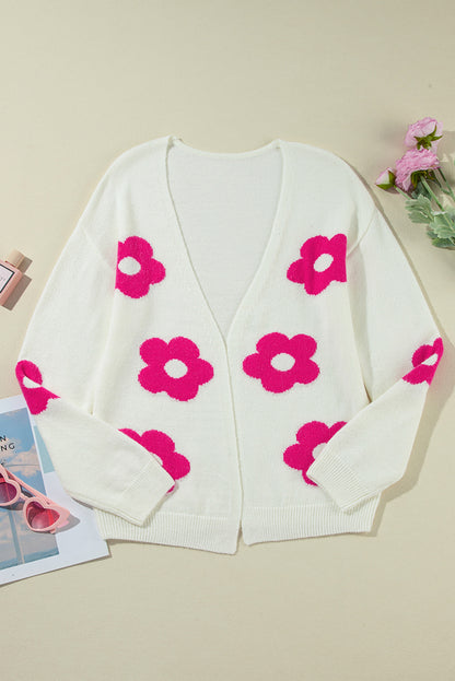 Flower Pattern Open Front Cardigan | Rose Red