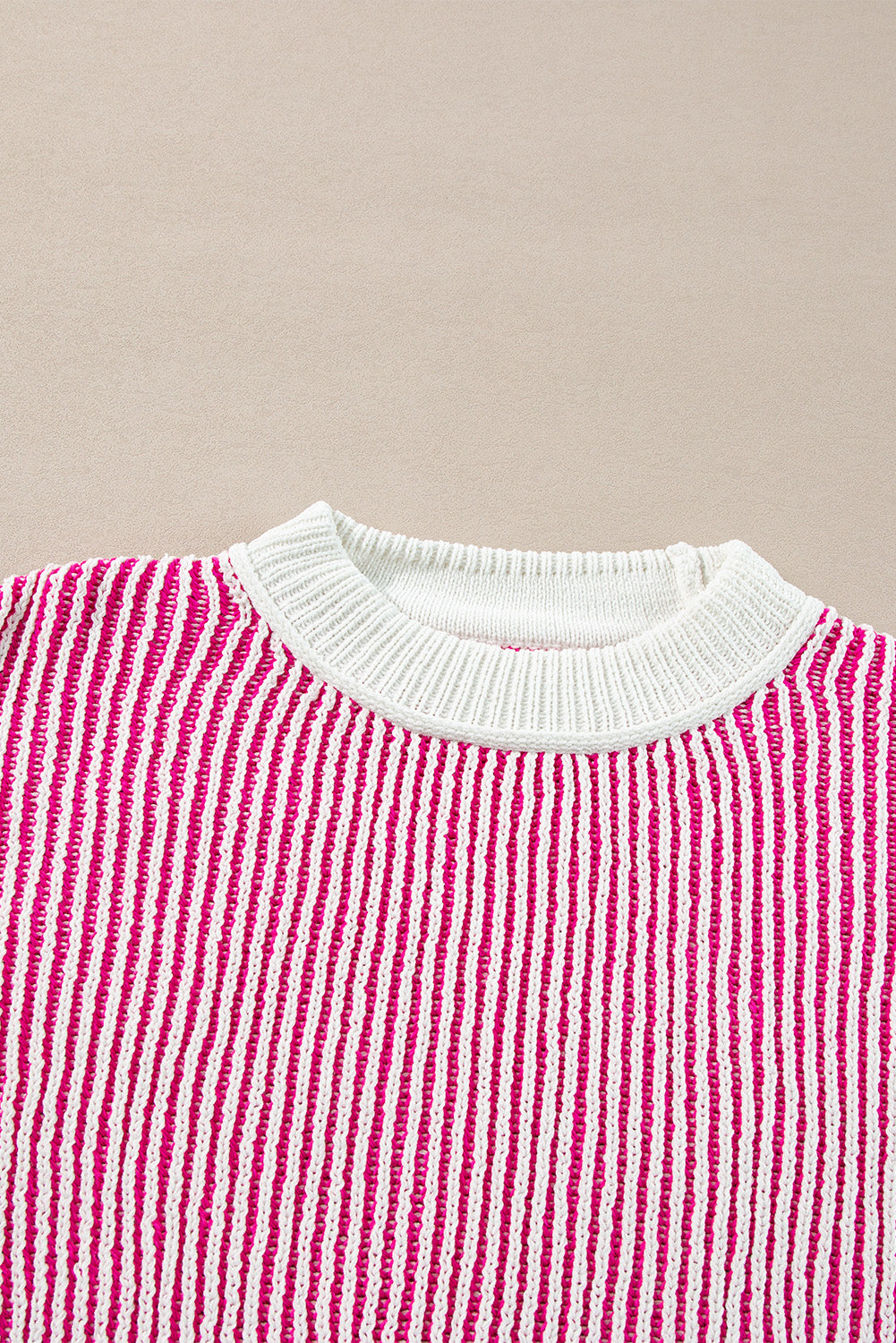 Striped Textured Knit Contrast Edge Loose Sweater | Bright Pink