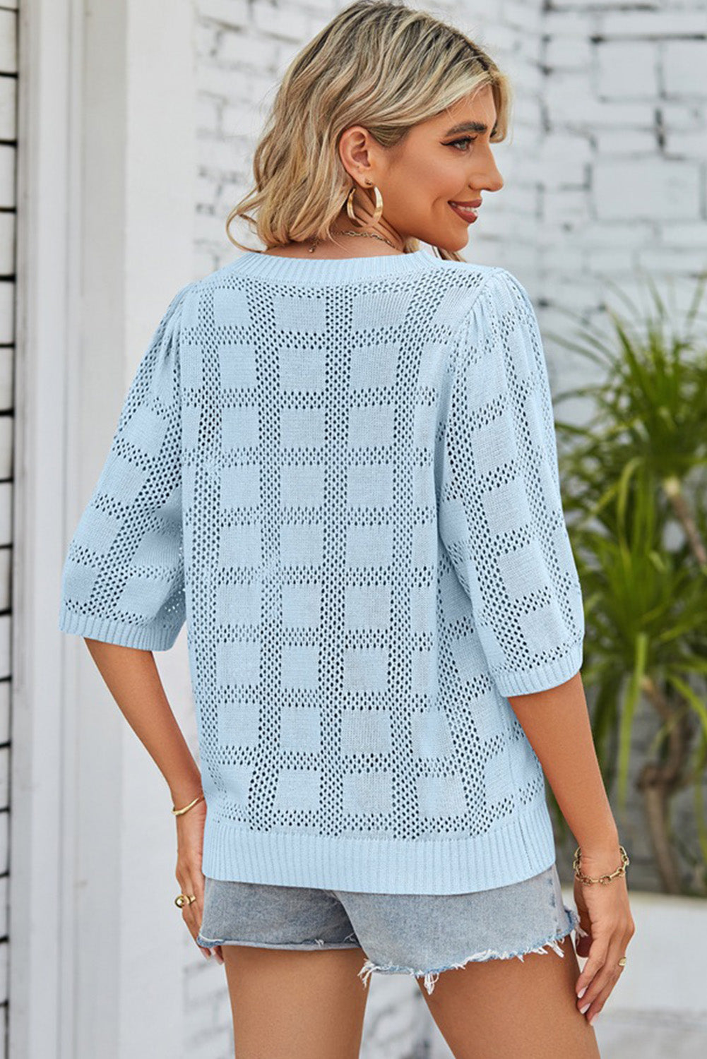 Eyelet Checker Knit Half Sleeve Top | Myosotis