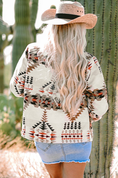 Aztec Printed Stand Neck Zip Up Jacket | Beige